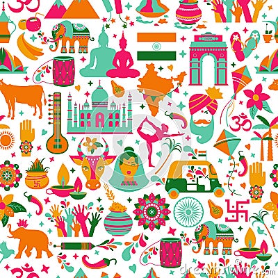 Traditional symbols of India seamless pattern on white background. Vector Illustration