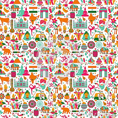 Traditional symbols of India seamless pattern on white background. Vector Illustration