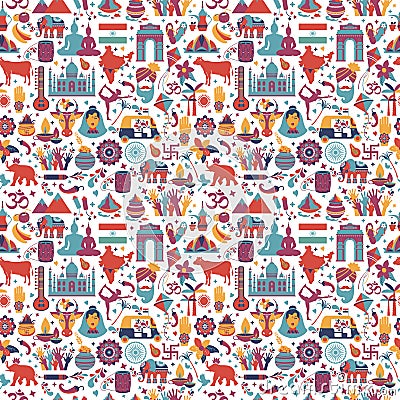 Traditional symbols of India seamless pattern on white background. Vector Illustration