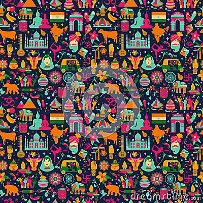 Traditional symbols of India seamless pattern on dark. Vector Illustration