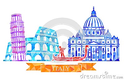 Traditional symbols of Italy in polygonal style. The Colosseum, leaning tower, gondolier, St. Peter s Cathedral. Vector Illustration