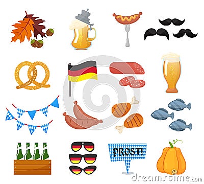 Traditional symbols of the Oktoberfest icons set. German national Oktoberfest objects isolated on white background Vector Illustration