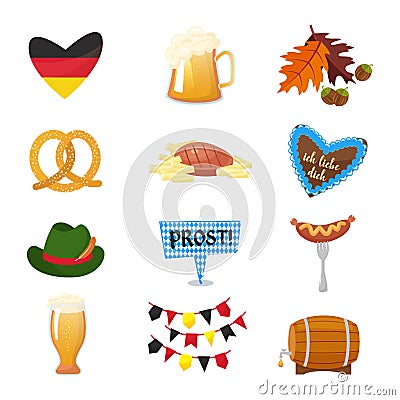 Traditional symbols of the Oktoberfest icons set. German national Oktoberfest objects on white background Vector Illustration