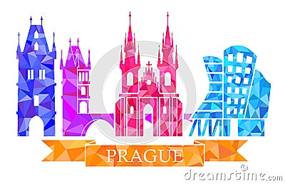 Traditional symbols of Prague, in the polygonal style. Powder tower, Charles bridge, Tyn Church, Prague dancing house Vector Illustration