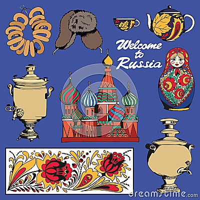 Traditional symbols of Russia. Set of vector illustrations. Hand drawing Vector Illustration