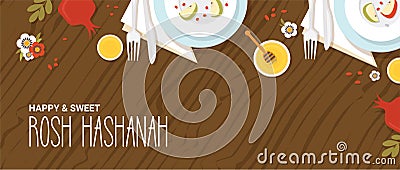 Traditional table for Rosh Hashanah, Jewish new year, dinner with traditional symbols. vector illustration template Vector Illustration