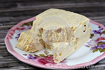 Traditional tahini halva with Hazelnuts Halawa Tahiniya, the primary ingredients in this confection Stock Photo