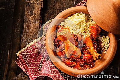 Traditional Tajine Dish with Chicken and Couscous Stock Photo