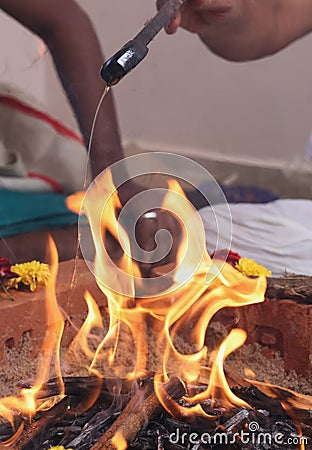 sacred fire or Homam in Hindu tradition in Tamilnadu Stock Photo