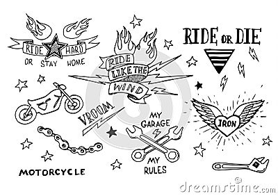 Traditional tattoo biker set Stock Photo