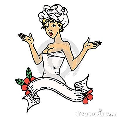 traditional tattoo of a pinup girl in towel with banner Vector Illustration