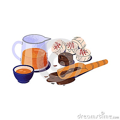 Traditional tea ceremony. Pressed, compressed puer bricks. Wooden scoop for dried herbs. Japanese herbal drink in cup Vector Illustration