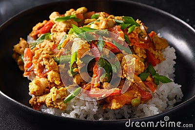 Traditional Thai breakfast gai pad pongali with chicken, eggs, spicy, yellow thai curry paste on rice. Stock Photo