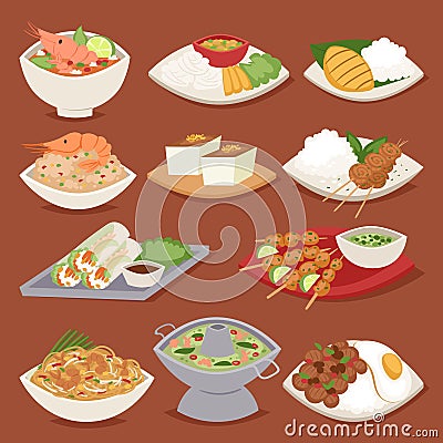 Traditional thai food asian plate cuisine thailand seafood prawn cooking delicious vector illustration. Vector Illustration