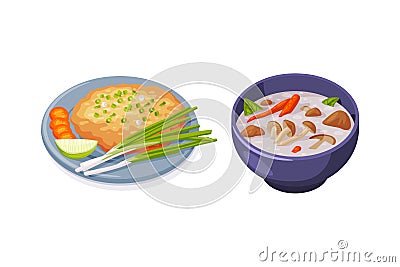 Traditional Thai Food with Crumpet with Onion and Mushroom Soup Vector Set Stock Photo