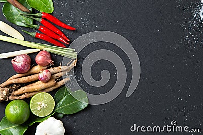 Traditional Thai food cuisine Herb ingredient of Tom Yum spicy soup on black background Stock Photo