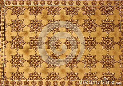 Traditional Thai style art gold painting pattern on wall in Temple Stock Photo