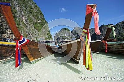Traditional Thai Wooden Longtail Boats Maya Bay Stock Photo