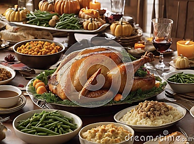 Traditional Thanksgiving Turkey Dinner with All The Sides Stock Photo