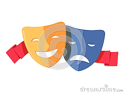 Traditional theater symbol, comedy and tragedy masks with red ribbon. Yellow happy and blue sad mask icon Vector Illustration