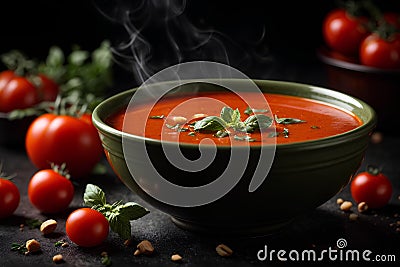 Traditional tomato soup with basil in a bowl on dark background. Commercial promotional food photo Stock Photo
