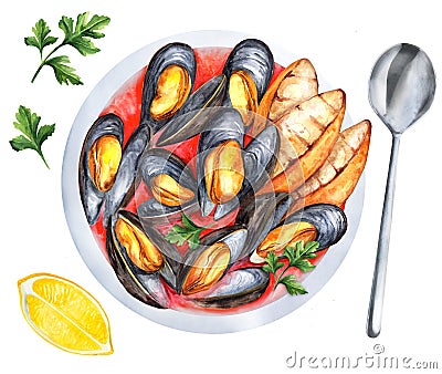 Traditional tomato soup with mussels, served with baguette Cartoon Illustration