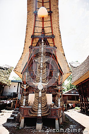 Traditional torajan building tongkonan with a lot of buffalo horns on a facade. Indonesia, Palawa, Tana Toraja, Rantepao, Sulawesi Stock Photo