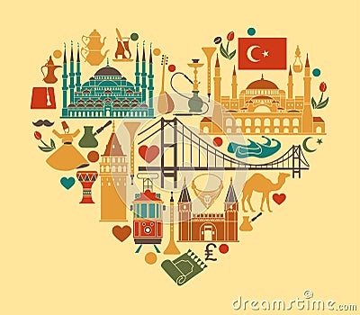 Traditional tourist symbols of Turkey in the form of heart Vector Illustration