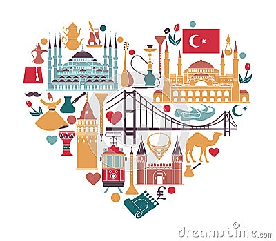 Traditional tourist symbols of Turkey in the form of heart Vector Illustration