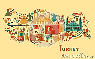 Traditional tourist symbols of Turkey in the form of map Vector Illustration
