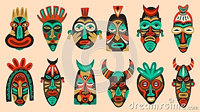 Traditional tribal masks. Ritual african or hawaiian traditional ceremonial totem, ethnic antique wooden face masks Vector Illustration