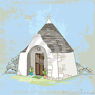 Traditional Trulli house with conical roof on the textured background Vector Illustration