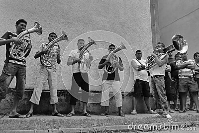 Traditional trumpet band in Serbia. Guca Trumpet Festival Editorial Stock Photo