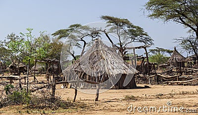 Traditional tsemay houses. Omo Valley. Ethiopia. Stock Photo