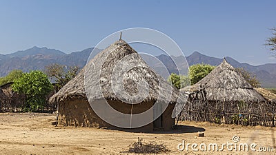 Traditional tsemay houses. Omo Valley. Ethiopia. Stock Photo