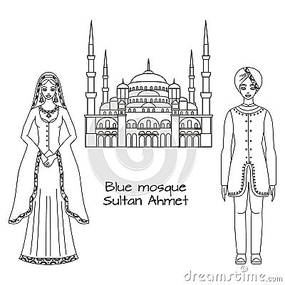 Traditional turkish clothing, national middle east cloth, man and woman sultan costume and The Blue Mosque, Sultanahmet Camii Stock Photo