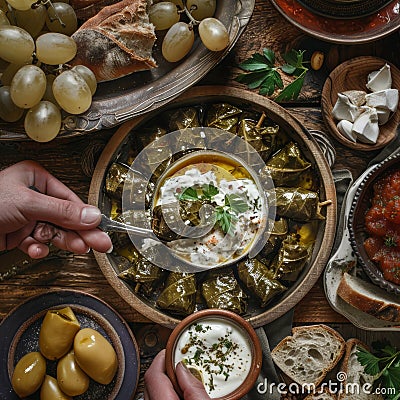 Traditional Turkish Dolma, Sarma or Dolmades with Tzatziki Sauce, Mediterranean Dish Dolmadakia Stock Photo