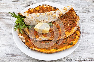 Traditional Turkish Foods; Turkish pita pizza Lahmacun Stock Photo