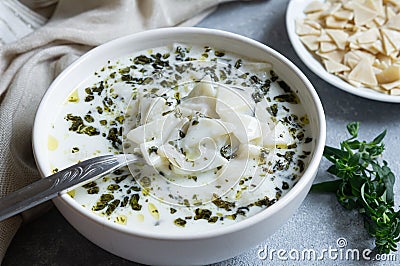 Traditional turkish homemade triangular cut yoghurt dough soup Stock Photo