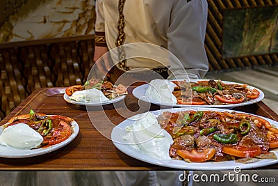 Traditional Turkish Iskender kebab. Meat food Stock Photo