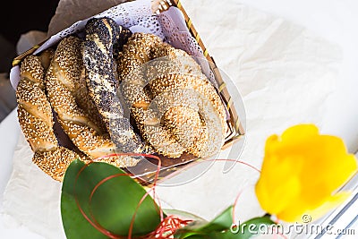 Traditional Turkish pastries - buns in the form of twisted bagels rings Stock Photo