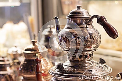 Traditional turkish teapot. Popular souvenir from Turkey. Authentic elegant kettle, Istanbul 2019-08-11 Editorial Stock Photo