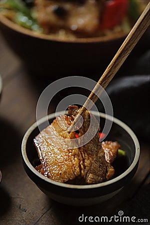 traditional twice cooked pork(huiguorou),Twice cooked pork slices,Sichuan style Chinese dish Stock Photo