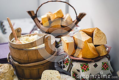 Traditional Ukrainian cheese of various varieties Stock Photo