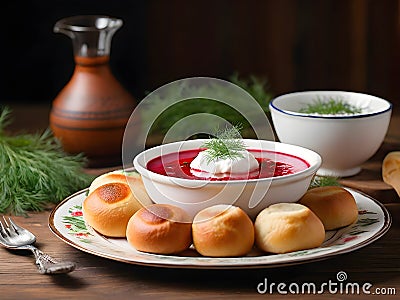 Traditional Ukrainian dish composed of a steaming bowl of beet soup, garnished with fresh dill and a dollop of sour cream on top Stock Photo