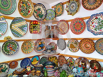 Traditional Uzbek utensils - dishes, bowl, plates. Editorial Stock Photo