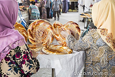Traditional uzbekistan bread lavash at local bazaar, is a soft f Stock Photo