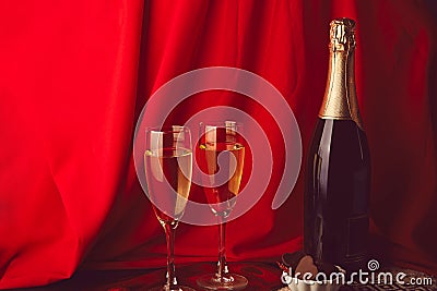 Traditional Valentines day background food. Seasonal red romantic champagne and chocolate candies. Copy space Stock Photo