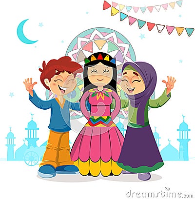 Traditional Vector Islamic Greeting Card of Two Kids and Mawlid Bride Celebrating, Holiday of Prophet Muhammad Bithday Vector Illustration