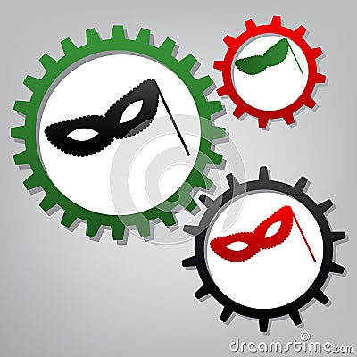 Traditional Venetian Carnival Decorative mask sign. Vector. Three connected gears with icons at grayish background.. Illustration. Vector Illustration